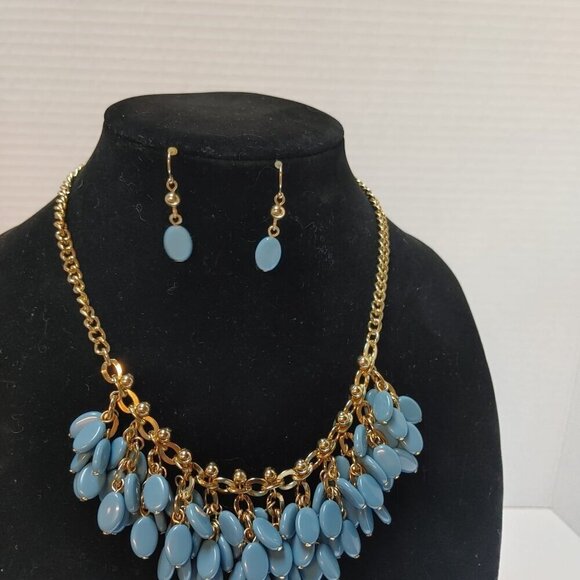 GoldTone Round Chain Teal Blue Teardrop Bib Statement Necklace | Earrings - 18” - Picture 5 of 5
